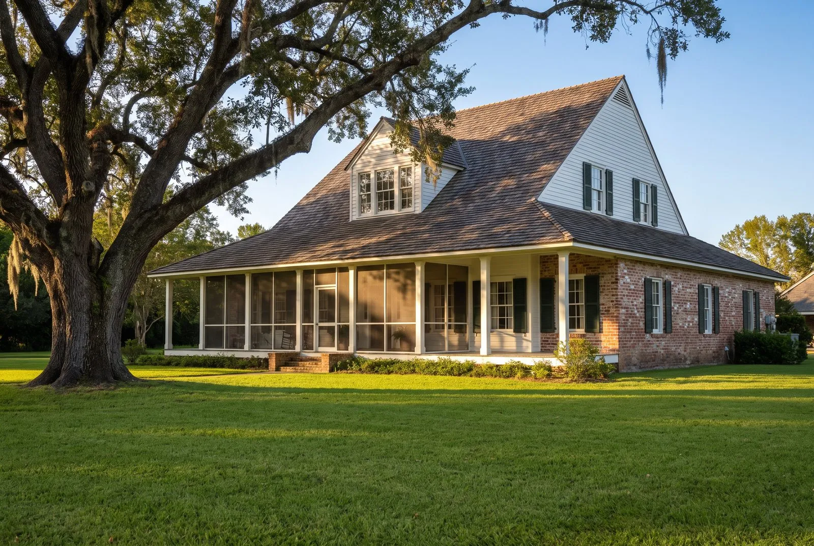 An Acadian-style home with a live oak in late afternoon light.