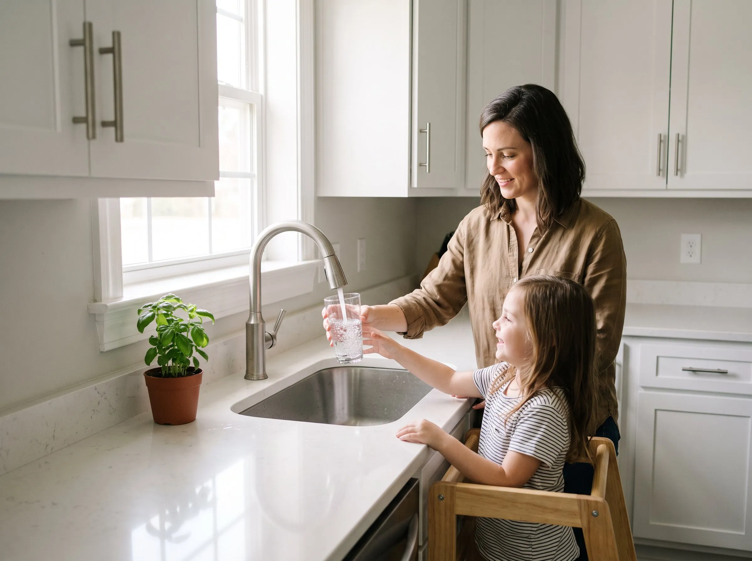 A mother filling a glass of water from the kitchen tap while her daughter reaches for it