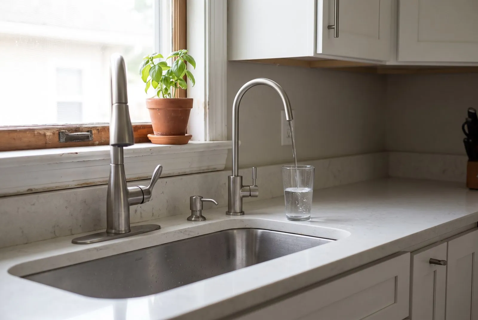 A small drinking-water faucet beside a kitchen sink, filling a drinking glass.