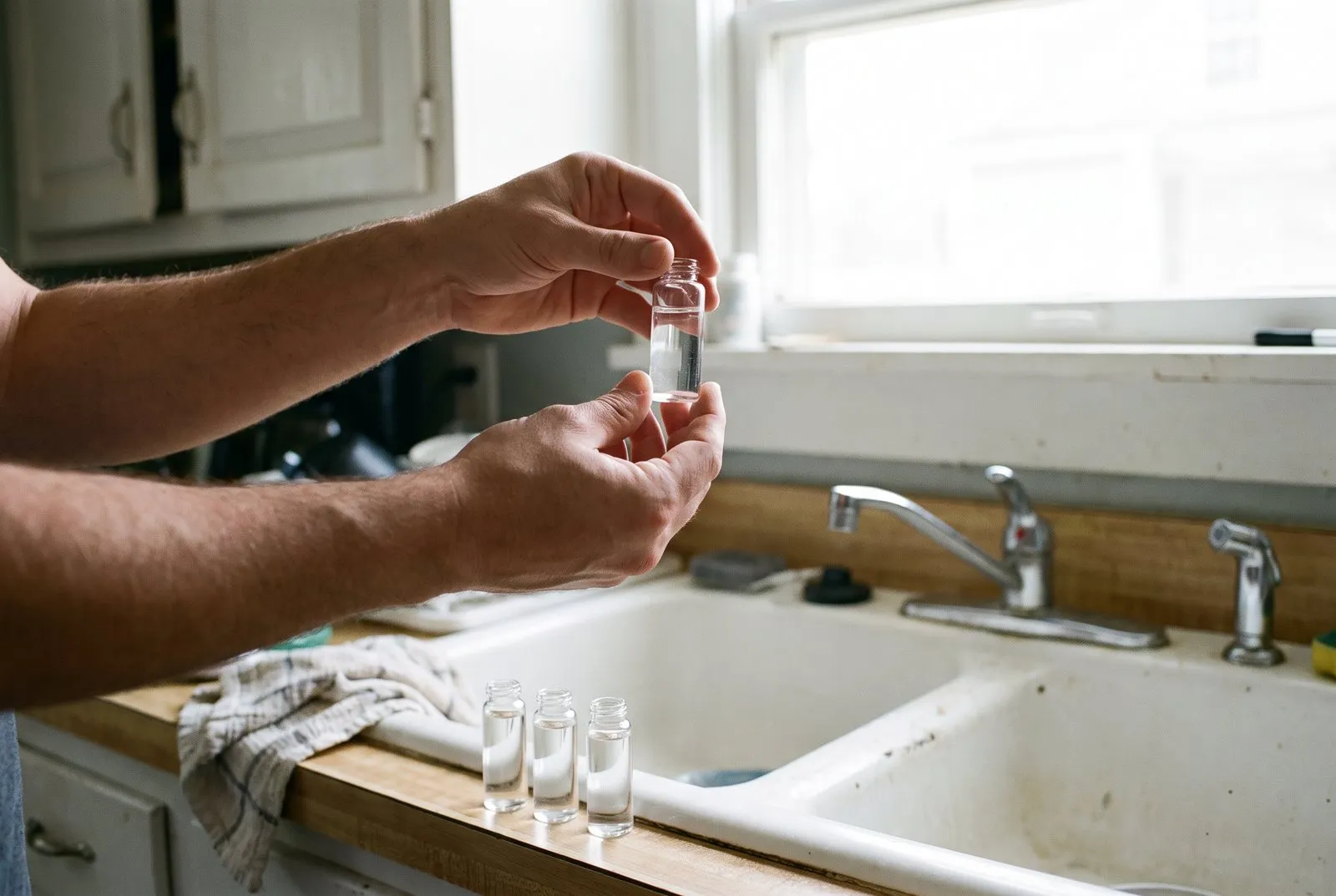 Hands holding a small water sample vial over a kitchen sink.